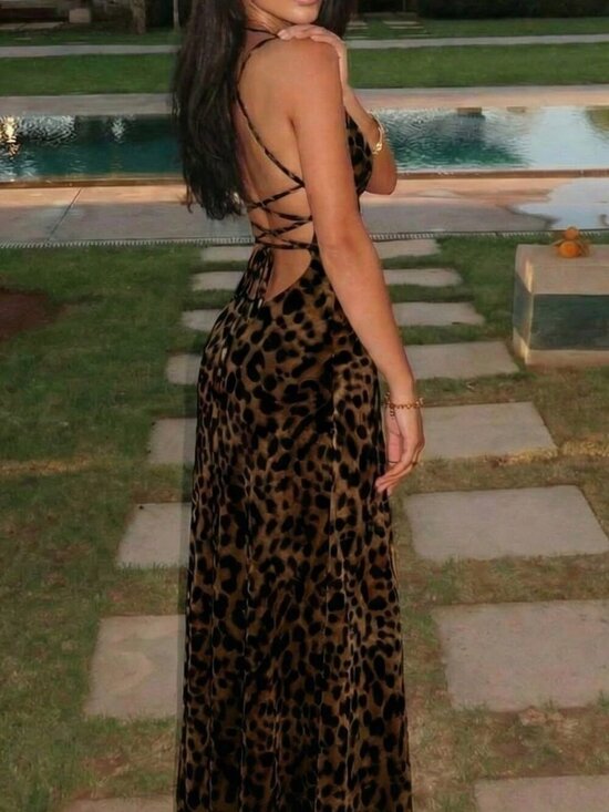 MODA ME COUTURE Dresses & Skirts - Multicolor Elegant Women's Leopard Print Backless Halter Maxi Party Dress